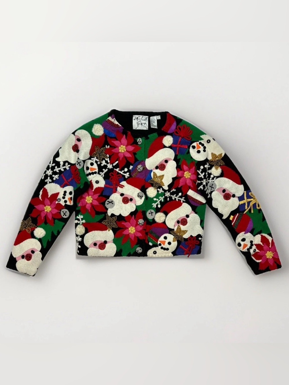 🎄🎅 Vintage Michael Simon Christmas Santa Snowman Beaded Cardigan Sweater S ⛄✨